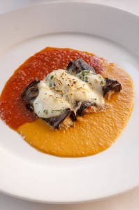 Baked Stuffed Black Beauty Eggplant with Goat Cheese, Mozzarella, Sweet Peppers and Ripe Tomatoes